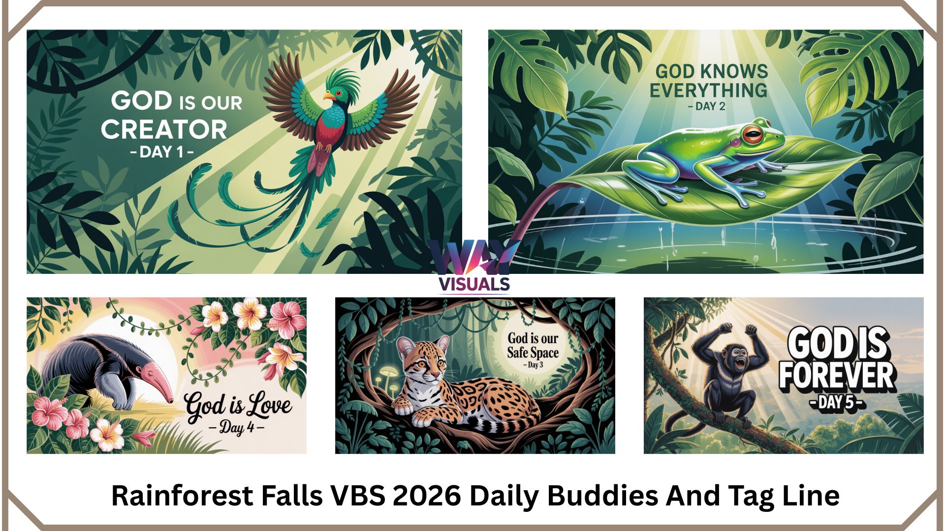 Rainforest Falls VBS 2026 Daily Buddies & Tag Line Posters