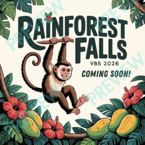 Rainforest Falls VBS 2026 Coming Soon Promo Graphic | Vacation Bible School Social Media Template