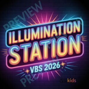 Illumination Station VBS 2026 Design – Colorful Neon Graphic for T-Shirts, Promo & Apparel