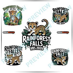 Rainforest Falls VBS 2026 Day 3 Logo – Dottie Leopard Jungle Vacation Bible School Graphics Bundle