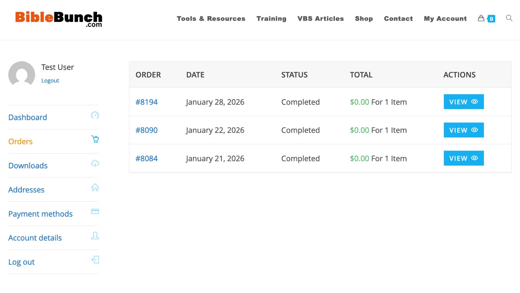 BibleBunch customer account orders screen showing completed plugin orders and View buttons