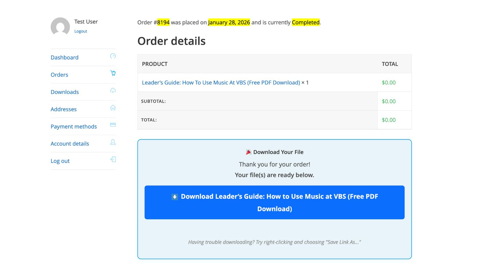 BibleBunch order details page showing the Download Your File box and blue download button
